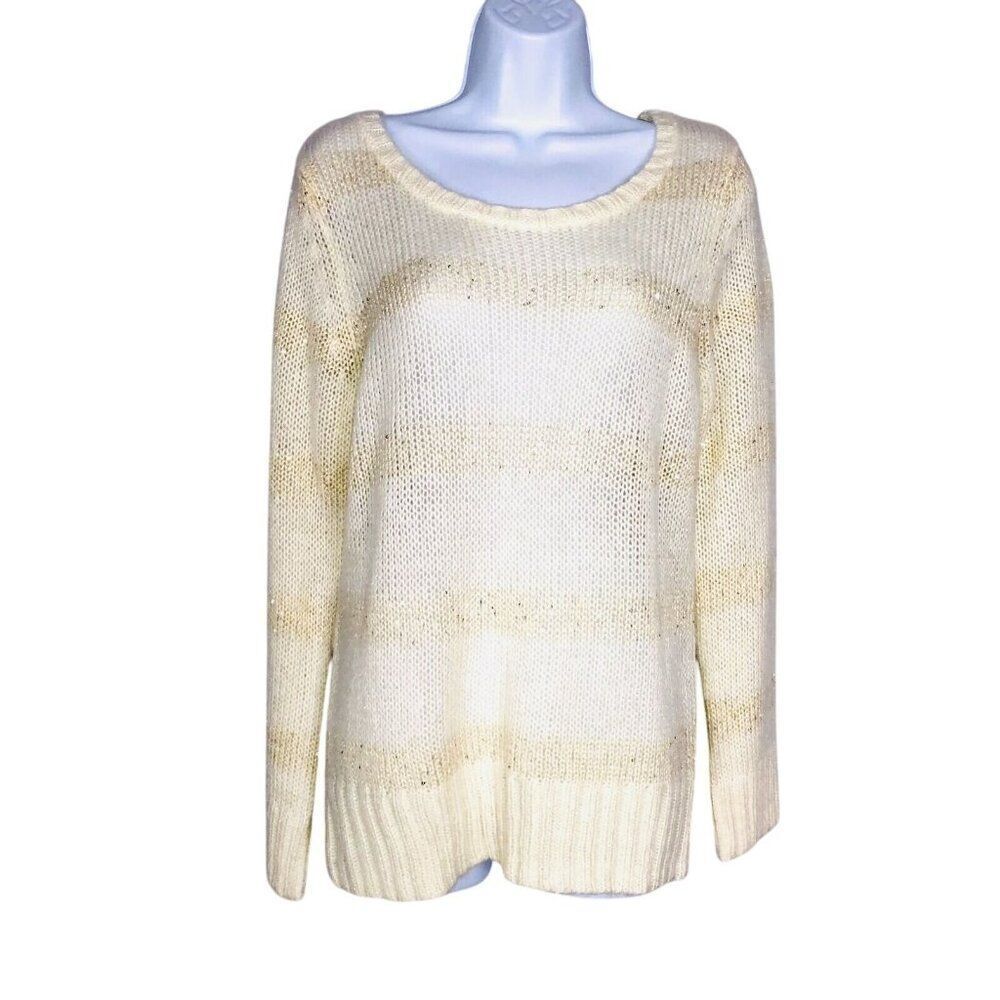Apt 9 Womens Sweater SZ L Cream Beige Striped Long Sleeve Scoop Neck Casual New